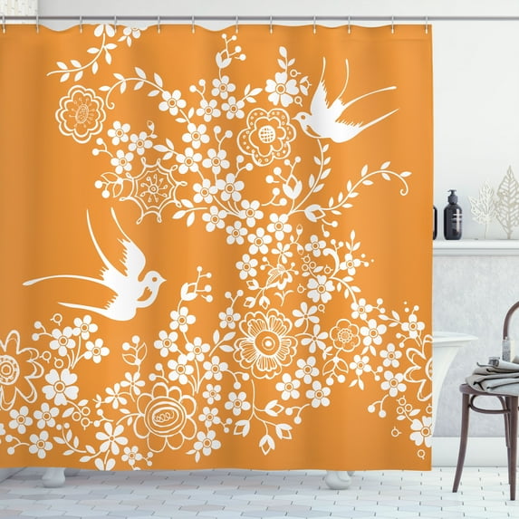 Ambesonne Orange Shower Curtain, Japanese Tree Birds Art, 69"Wx84"L, Marigold White
