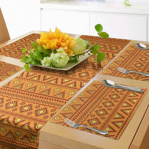 Ambesonne Orange Table Runner & Placemats, Aztec Sun Geometric Borders, Placemat 4 pcs + Runner 12"x90", Pale Orange Burgundy
