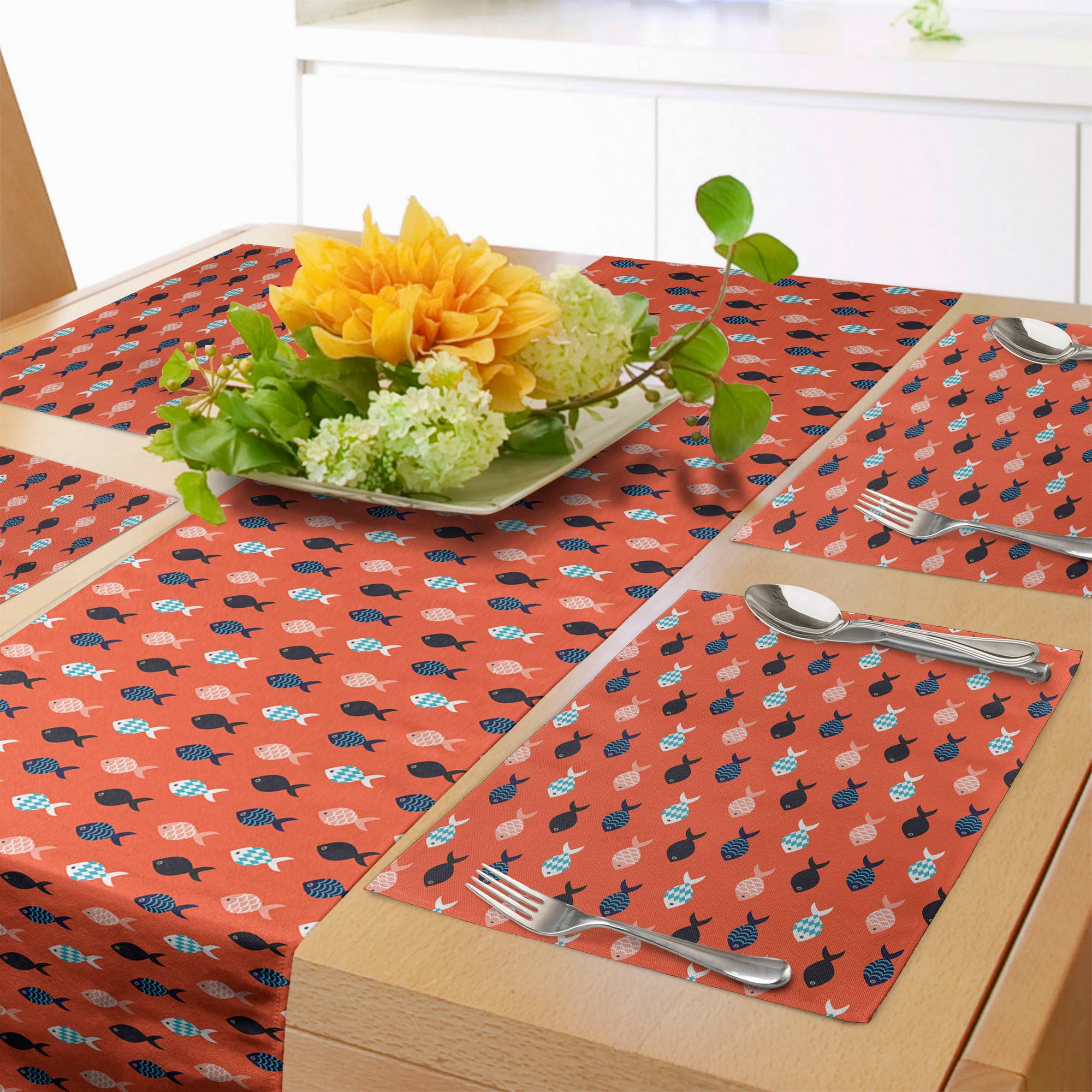 Ambesonne Orange Table Runner & Placemats, Colorful Fish Shoal