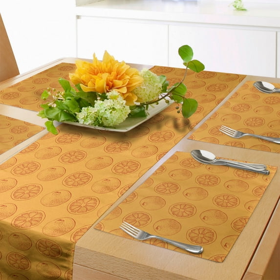 Ambesonne Orange Table Runner & Placemats, Ink Drawn Citrus Fruit Art, Placemat 4 pcs + Runner 12"x72", Pale Orange and Paprika