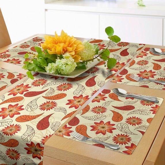 Ambesonne Orange Table Runner & Placemats, Red Retro Poppy Flowers, Placemat 4 pcs + Runner 12"x90", Orange Red Peach