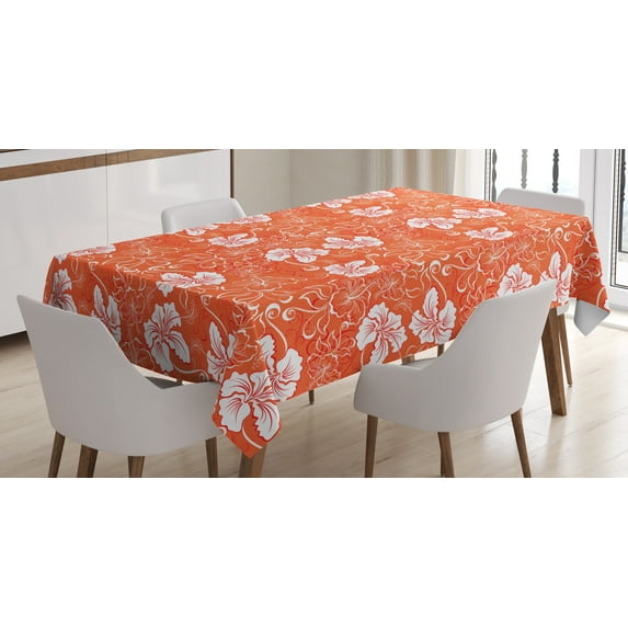Ambesonne Orange Tablecloth Rectangular Table Cover, Hawaiian Summer Hibiscus, 60"x84", Orange White