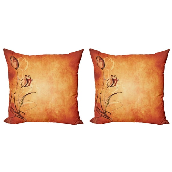 Ambesonne Orange Throw Pillow Cover 2 Pack, Vintage Style Rose Bloom, 24", Orange Mustard Maroon
