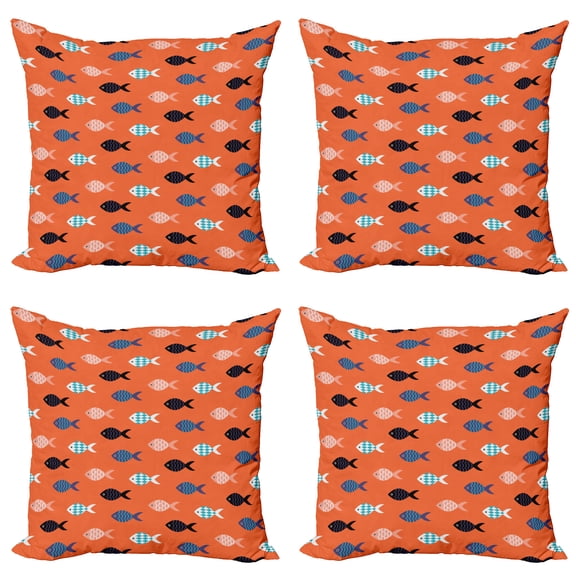 Ambesonne Orange Throw Pillow Cover 4 Pack, Colorful Fish Shoal, 20", Persian Blue Salmon Teal