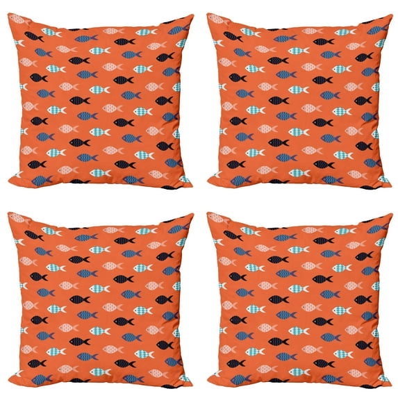 Ambesonne Orange Throw Pillow Cover 4 Pack, Colorful Fish Shoal, 24", Persian Blue Salmon Teal