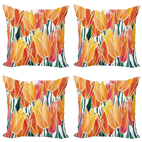 Ambesonne Orange Throw Pillow Cover 4 Pack, Floral Tulip Garden, 16", Orange