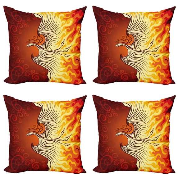 Ambesonne Orange Throw Pillow Cover 4 Pack, Phoenix Bird in Warm Tones, 20", Orange and Yellow
