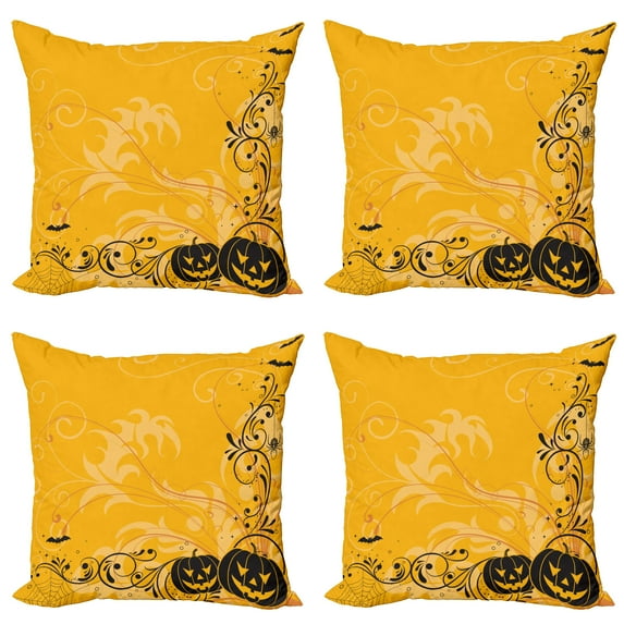 Ambesonne Orange Throw Pillow Cover 4 Pack, Pumpkins Bats Halloween, 20", Orange and Black