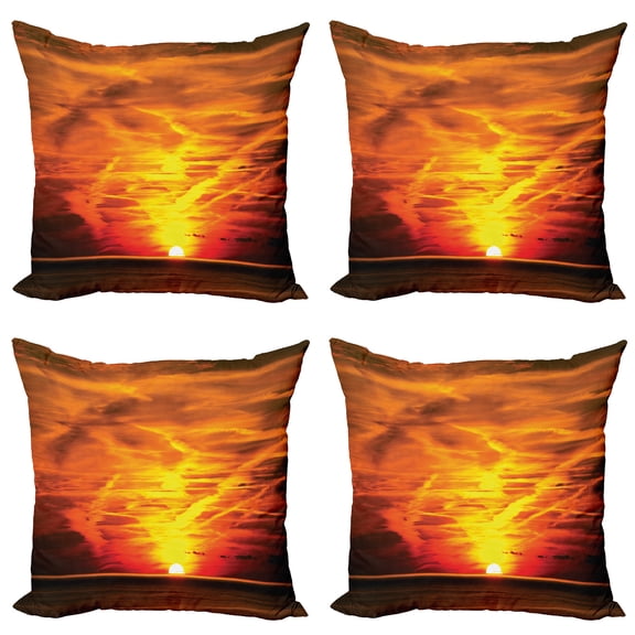 Ambesonne Orange Throw Pillow Cover 4 Pack, Sunset over Horizon Sea, 18", Orange