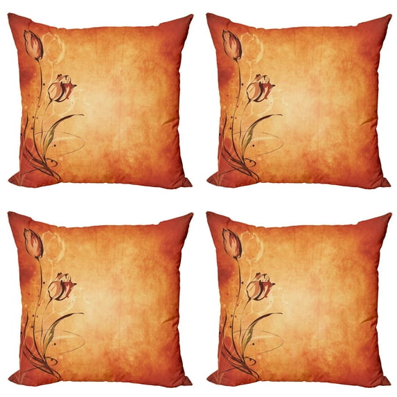 Ambesonne Orange Throw Pillow Cover 4 Pack, Vintage Style Rose Bloom, 16", Orange Mustard Maroon