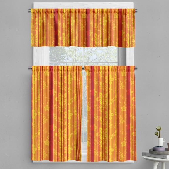 Ambesonne Orange Valance & Curtain, Vertical Stripes Floral, 55"x30", Orange Yellow