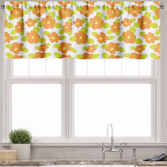 Ambesonne Orange Valance Pack of 2, Girls Doodle Floral, 54"X12", Apple Green Orange
