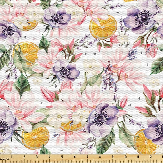 Ambesonne Orange and Flowers Fabric by the Yard Upholstery, Vintage Branch, 3 Yards, Pale Pink Violet Green