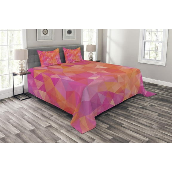 Ambesonne Orange and Pink Quilted Bedspread Set 3 Pcs, Polygonal Art, King Size, Multicolor