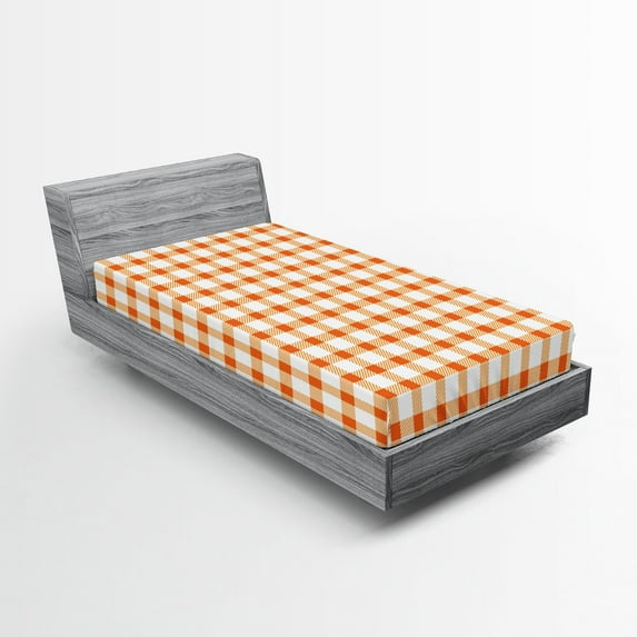 Ambesonne Orange and White Fitted Sheet, Plaid Motif, Twin XL Size, Orange and White