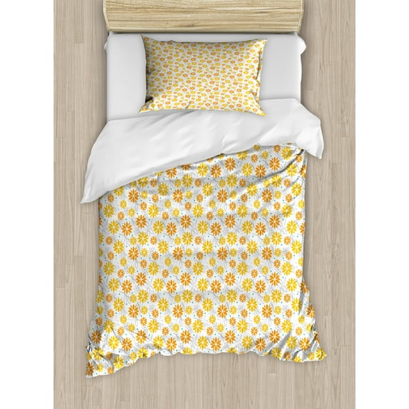 Ambesonne Orange and Yellow Duvet Cover Sets, Flowers Leaf Dot, 2-Twin, White Orange