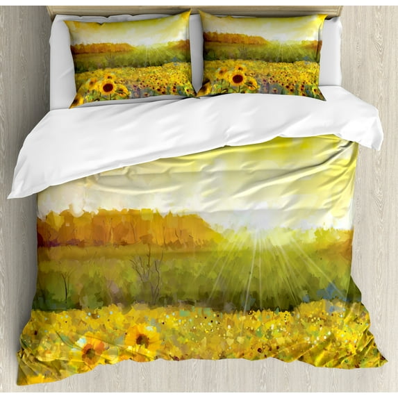 Ambesonne Oranger Duvet Cover Set, Golden Sunflower Field, 2-Calking, Orange Yellow