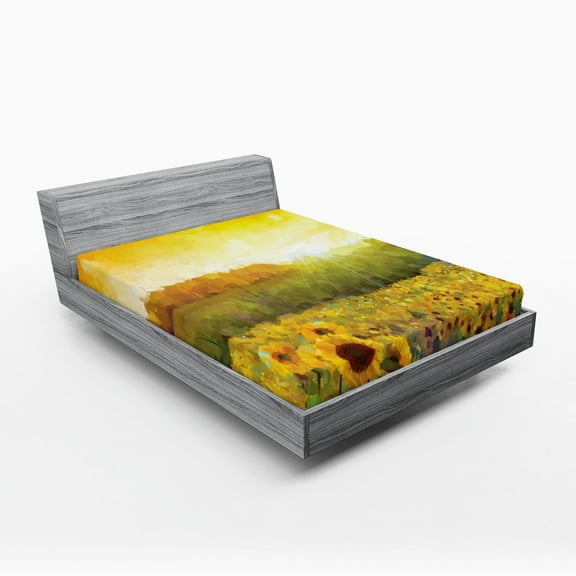 Ambesonne Oranger Fitted Sheet, Golden Sunflower Field, Queen Size, Orange Yellow