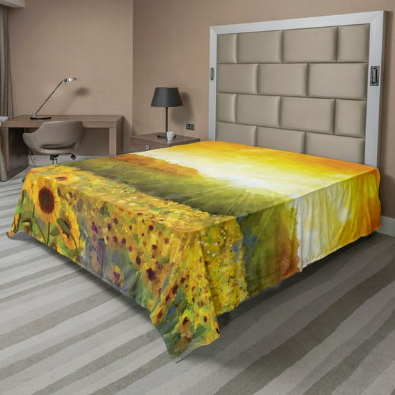 Ambesonne Oranger Flat Sheet, Golden Sunflower Field, King Size, Orange Yellow