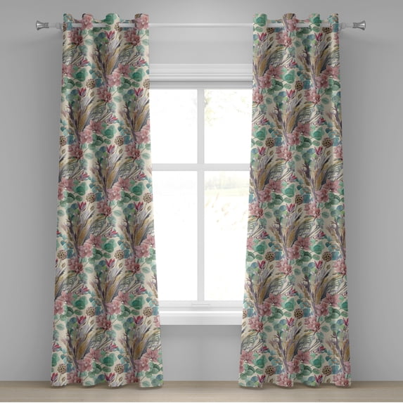 Ambesonne Orchid Artwork Grommet Curtain, Asian Leaves Pattern, 50"x96", Almond Green and Pale Pink