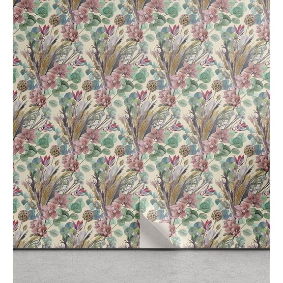 Ambesonne Orchid Artwork Peel & Stick Wallpaper for Home, Asian Leaves Pattern, 13"x100", Almond Green and Pale Pink