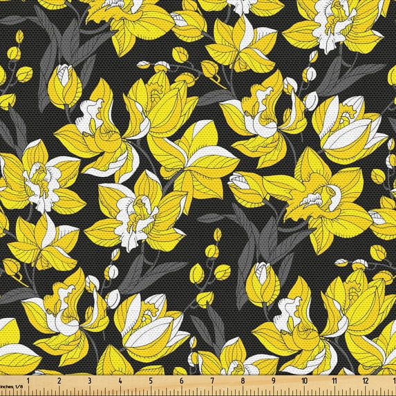 Ambesonne Orchid Fabric by the Yard Upholstery, Exotic Blossoms Jungle Yard, 2 Yards, Black Mustard