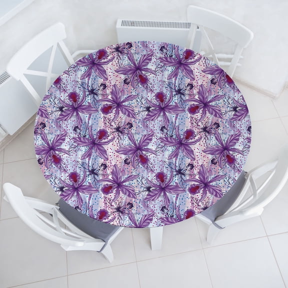 Ambesonne Orchid Fitted Round Tablecloth, Exotic Flowers on Pastel Art, 40"- 44" Diameter, Violet and Raspberry