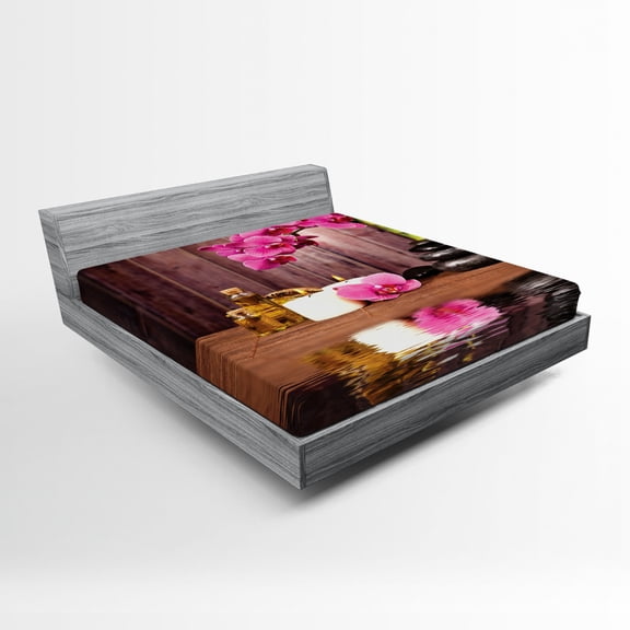 Ambesonne Orchid Fitted Sheet, Modern Boho Stone Flower Art, Queen Size, Umber Green Pink