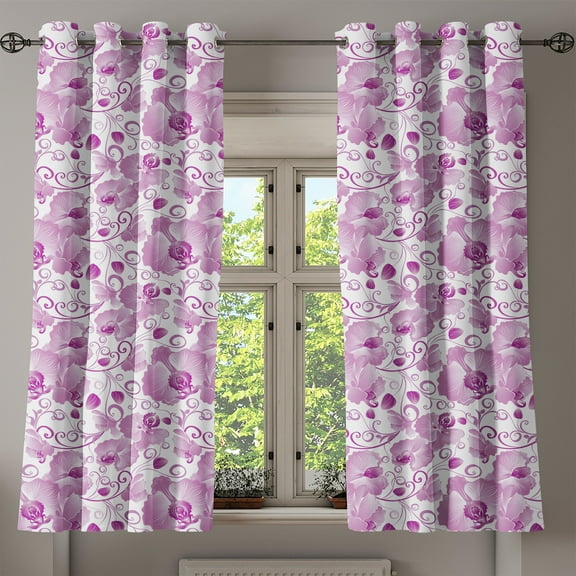 Ambesonne Orchid Grommet Curtain, Ornate Floral Curly Leaf, 50" x 63", Lilac Magenta White