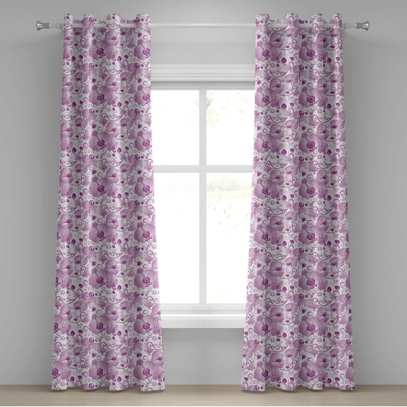 Ambesonne Orchid Grommet Curtain, Ornate Floral Curly Leaf, 50" x 84", Lilac Magenta White