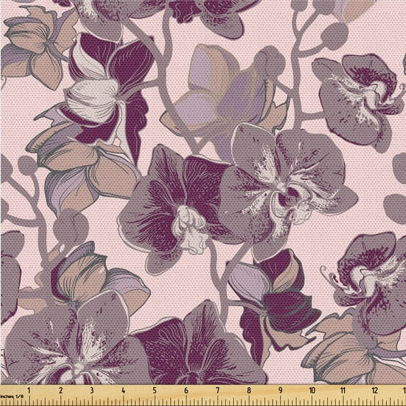 Ambesonne Orchid Pattern Fabric by the Yard Upholstery, Modern Water Flowers, 5 Yards, Maroon Pale Pink