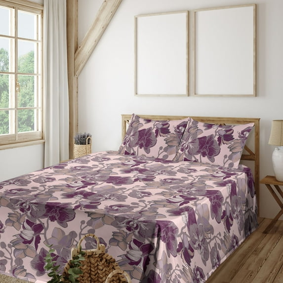 Ambesonne Orchid Pattern Fitted & Flat Sheet with Sham 3 Pcs Set, Modern Water Flowers, Twin XL, Maroon Pale Pink