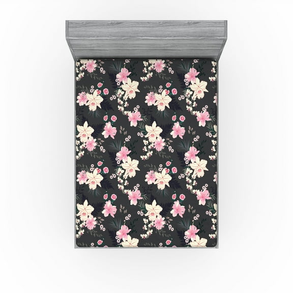 Ambesonne Orchid Pattern Fitted Sheet, Romance Floral Print, California King, Pastel Pink Champagne