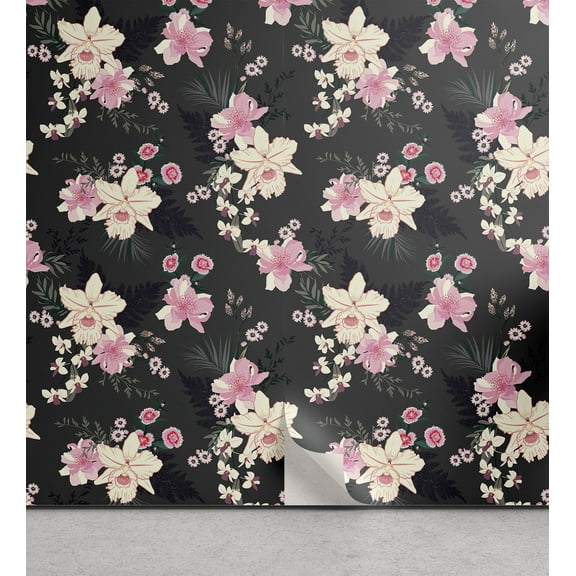 Ambesonne Orchid Pattern Peel & Stick Wallpaper for Home, Romance Floral Print, 13"x36", Pastel Pink Champagne