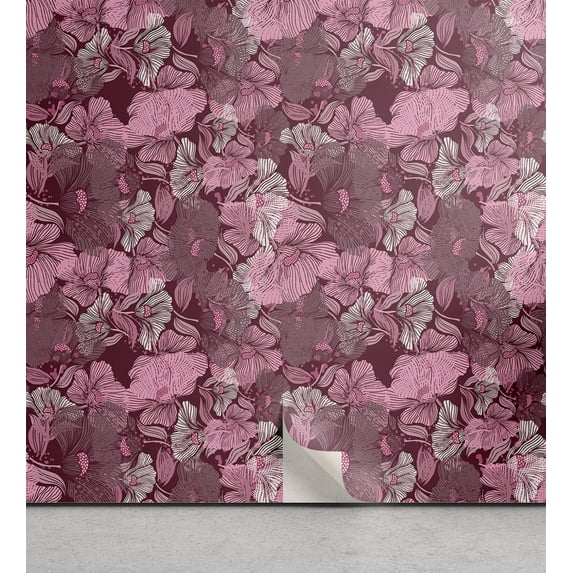 Ambesonne Orchid Peel & Stick Wallpaper for Home, Vintage Anime Flowery Huddle, 13"x36", Pastel Pink White