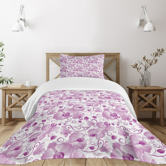 Ambesonne Orchid Quilted Bedspread Set 2 Pcs, Ornate Floral Curly Leaf, Twin Size, Lilac Magenta White