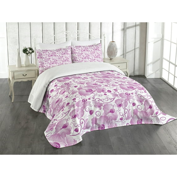 Ambesonne Orchid Quilted Bedspread Set 3 Pcs, Ornate Floral Curly Leaf, Queen Size, Lilac Magenta White