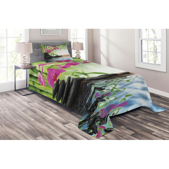 Ambesonne Orchid Quilted Coverlet 2 Pcs, Tree and Exotic Wild Flower, Twin Size, Charcoal Grey Lime Green