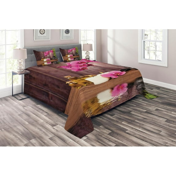 Ambesonne Orchid Quilted Coverlet 3 Pcs, Modern Boho Stone Flower Art, King Size, Umber Green Pink