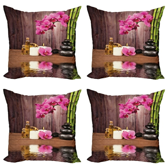 Ambesonne Orchid Throw Pillow Cover 4 Pack, Modern Boho Stone Flower Art, 24", Umber Green Pink