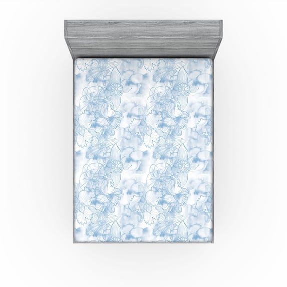 Ambesonne Orchids Fitted Sheet, Line Drawn Flower Pattern, Queen Size, Off White Ceil Blue