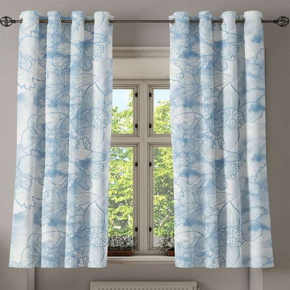 Ambesonne Orchids Grommet Curtain, Line Drawn Flower Pattern, 50"x60", Off White Ceil Blue