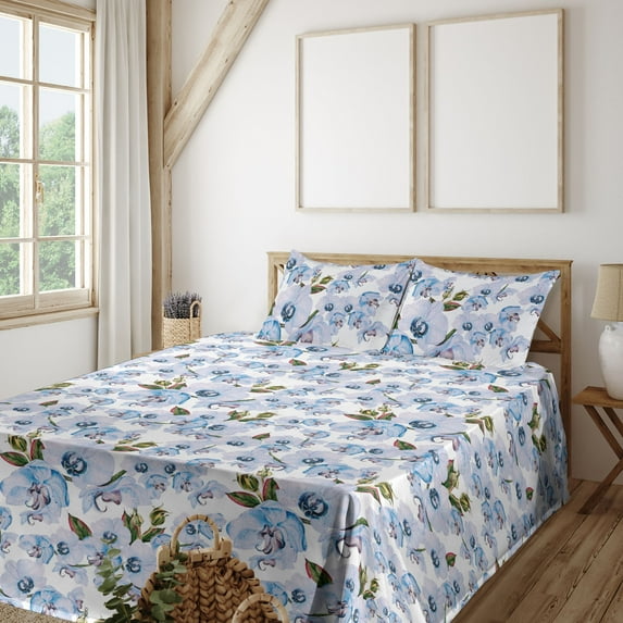 Ambesonne Orchids Pattern Fitted & Flat Sheet with Shams 4 Pcs Set, Asian Chill Flowers, Queen, Pale Mauve Forest Green