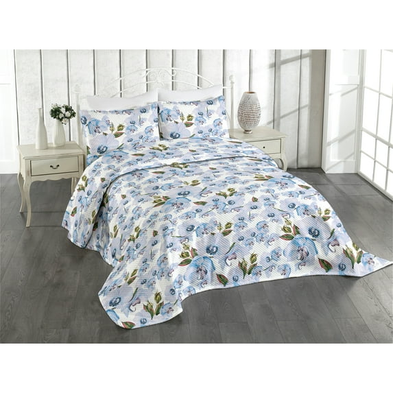 Ambesonne Orchids Pattern Quilted Coverlet 2 Pcs, Asian Chill Flowers, Twin Size, Pale Mauve Forest Green