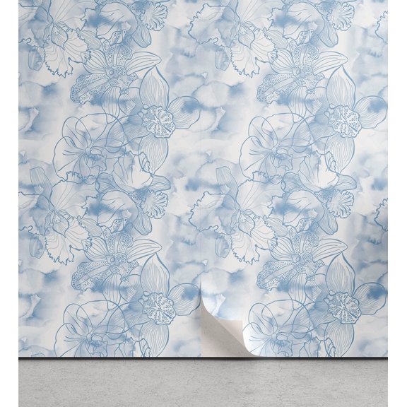 Ambesonne Orchids Peel & Stick Wallpaper for Home, Line Drawn Flower Pattern, 13"x72", Off White Ceil Blue