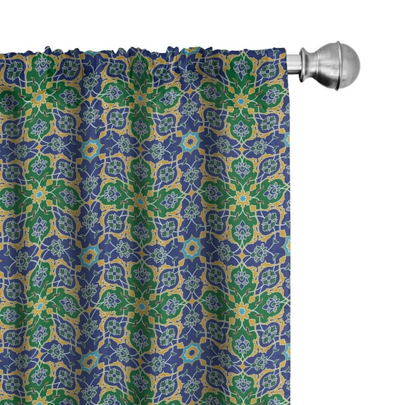 Ambesonne Orient Window Curtains, Oriental Damask, Each 28" W x 84" L, Yellow Green Teal