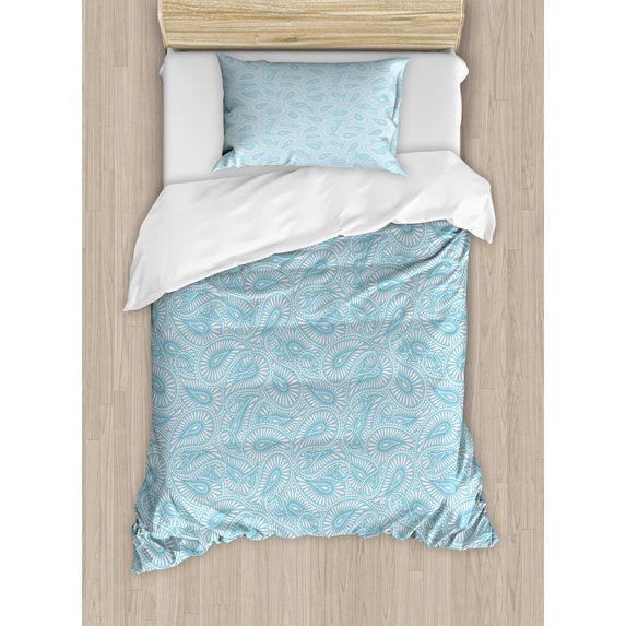 Ambesonne Orient Duvet Cover Set, Art Style with Swirls, Twin, Pale Blue and Coconut