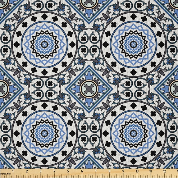 Ambesonne Orient Fabric by the Yard Microfiber, Mosaic Motifs, 3 Yards, Grey White Blue