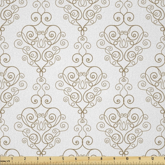 Ambesonne Orient Fabric by the Yard Microfiber, Vintage Curlicue Motifs, 1 Yard, Dark Khaki and White