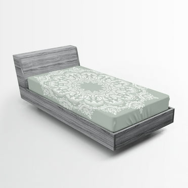 Ambesonne Orient Fitted Sheet, Damask Floral Motifs, Twin XL Size, Green White